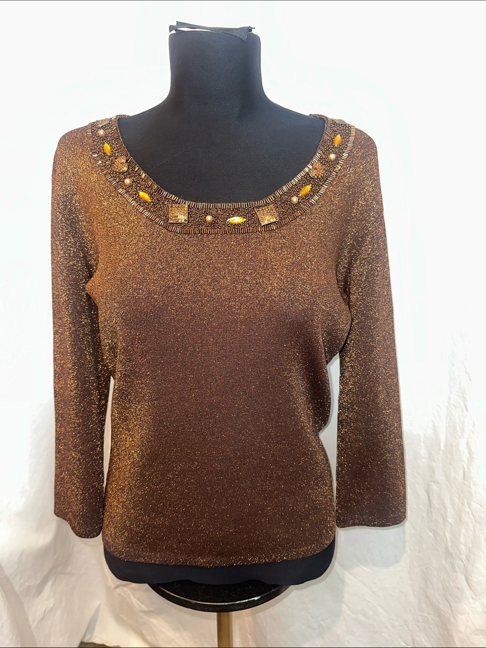 Joseph A. Bronze Metallic Knit Scoop Neck Top with Beaded Jeweled Neckline Large